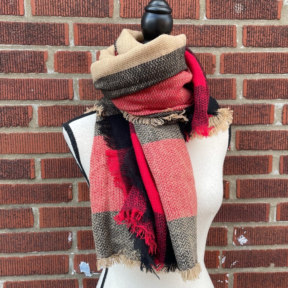 Oversized Plaid Fringe Warm Cozy Winter Fall Scarf Red Black Tan - Picture 6 of 7